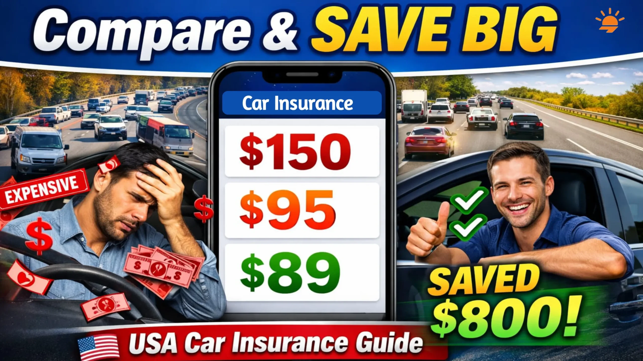 Car insurance comparison USA showing multiple quote options and savings calculato